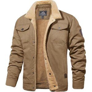 Mens Khaki AI Winter Sherpa Lined Jacket Warm Trucker Coat Multi Pocket